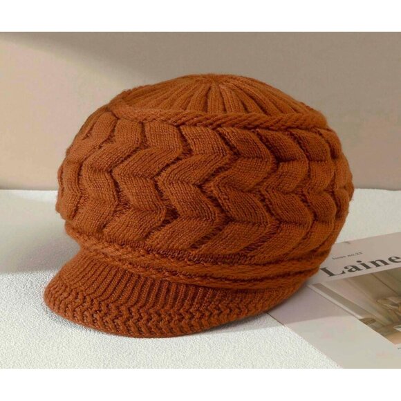 Women’s Darh Orange Winter Warm Knit Wool Snow Ski Hat with Visor main image 7